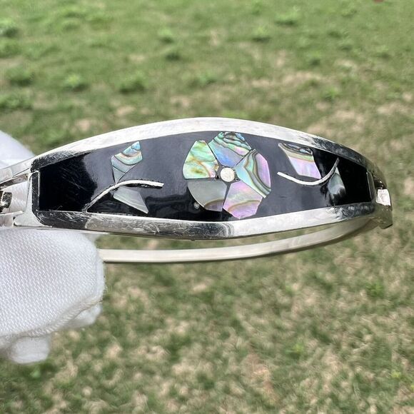 Vintage Alpaca‎ Mexico Women's Bracelet Abalone Shell Floral Silver Tone Signed - Picture 16 of 16
